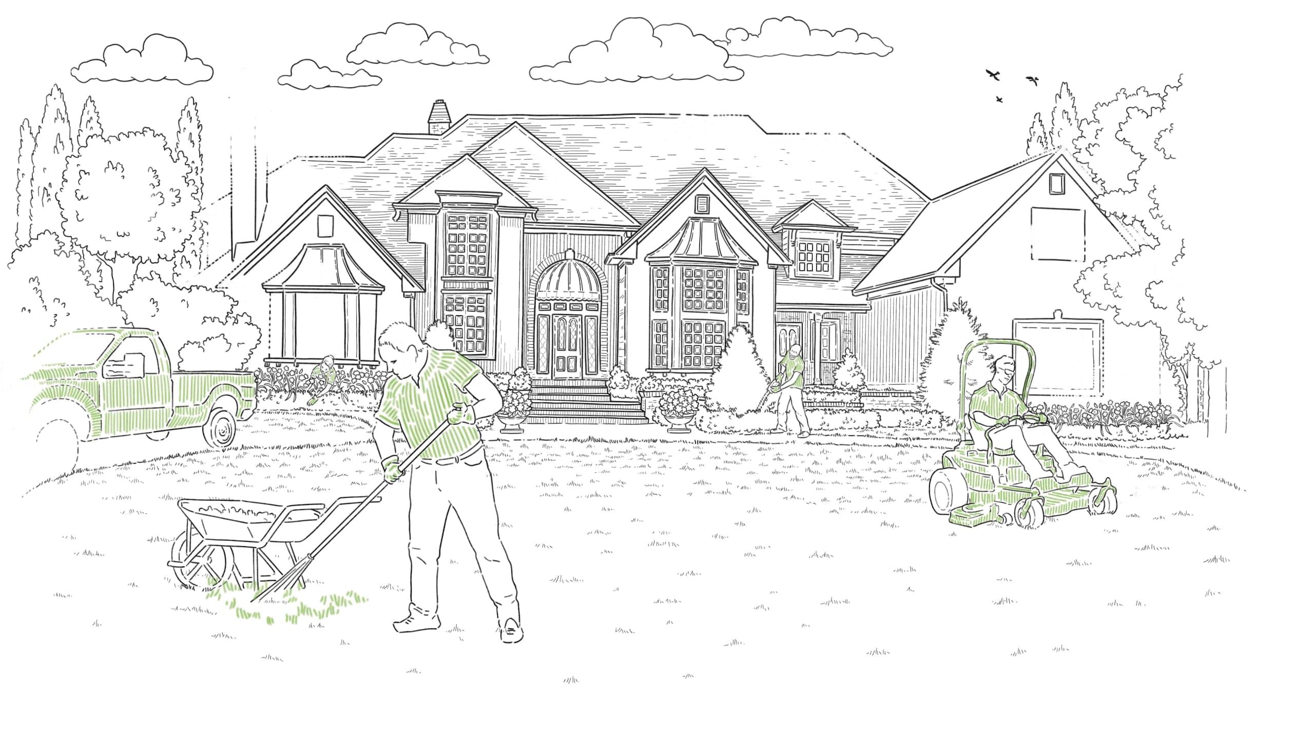 line illustration of a gardener standing before a country house