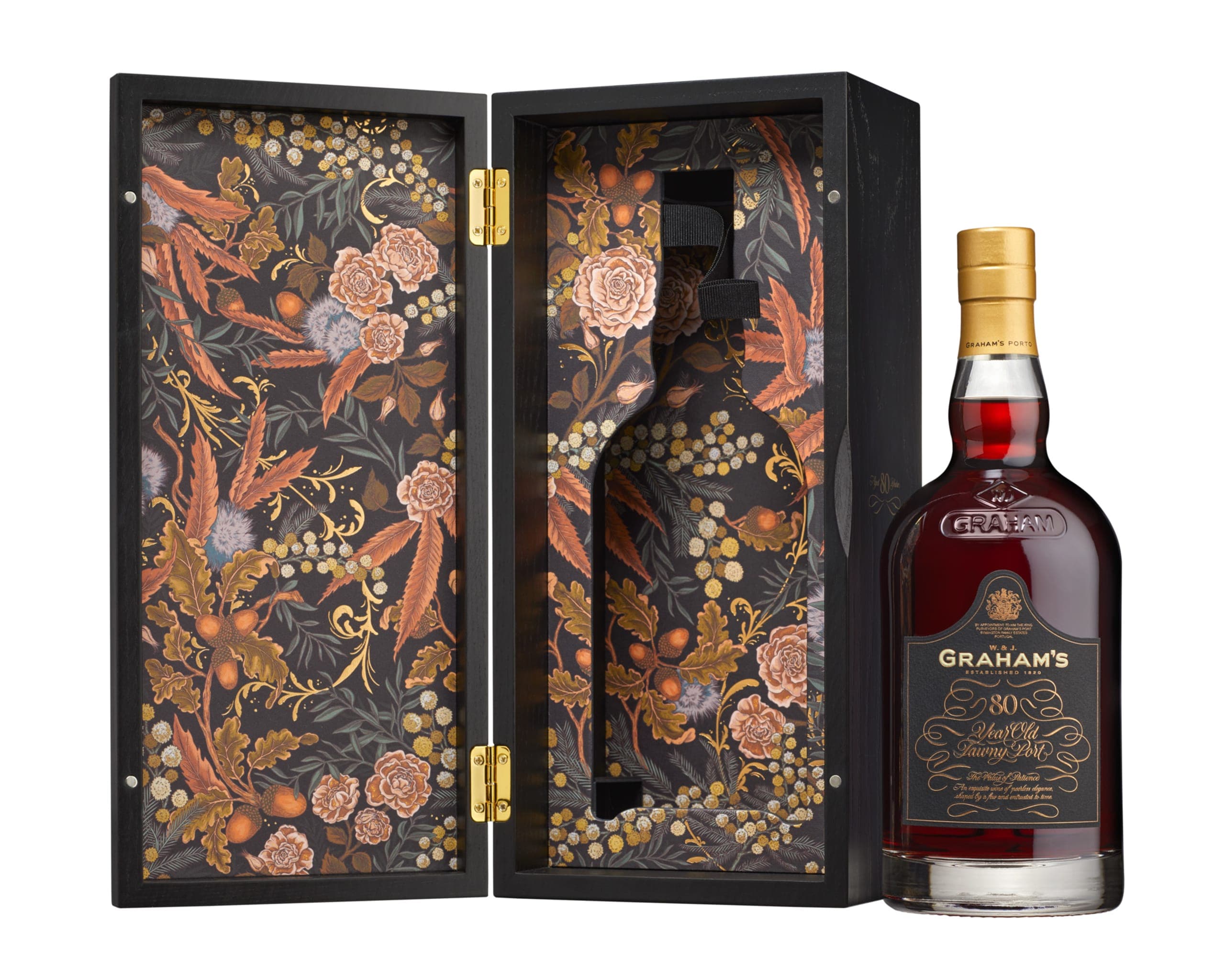 packshot of Graham's 80YO Port bottle with illustrated wooden case
