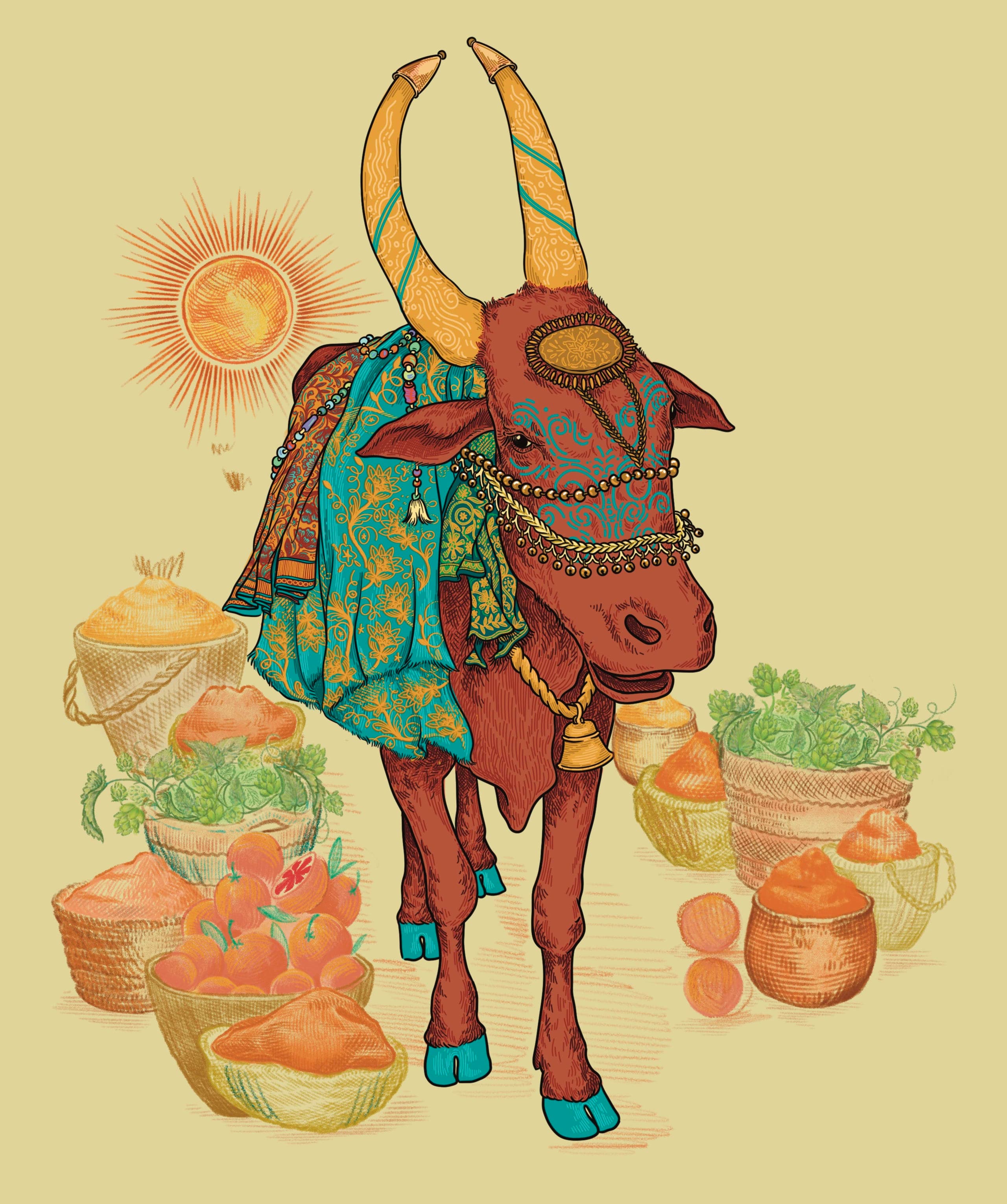 illustrated cow in a character costume