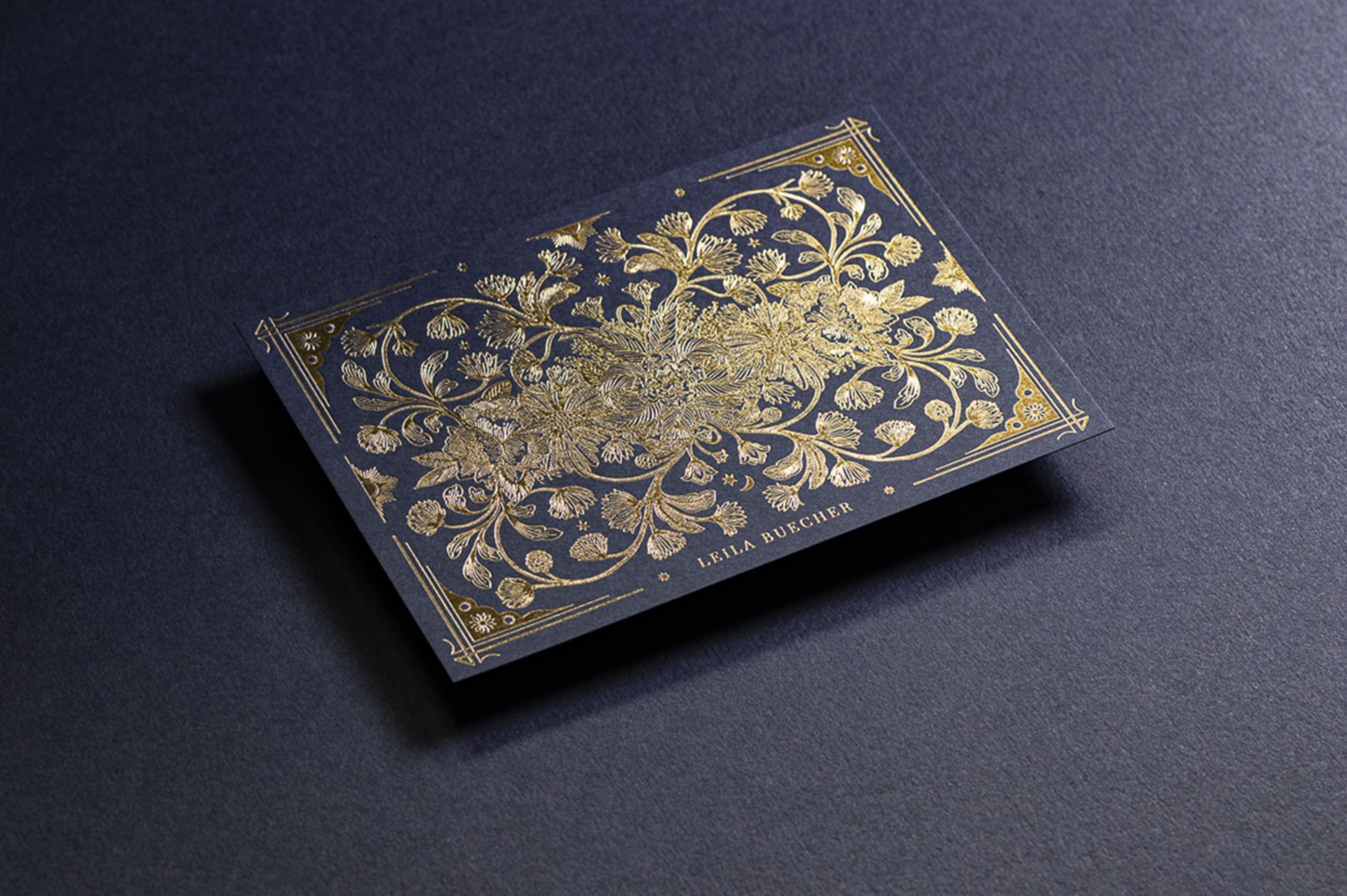 blue and gold illustrated card for Leila Buecher