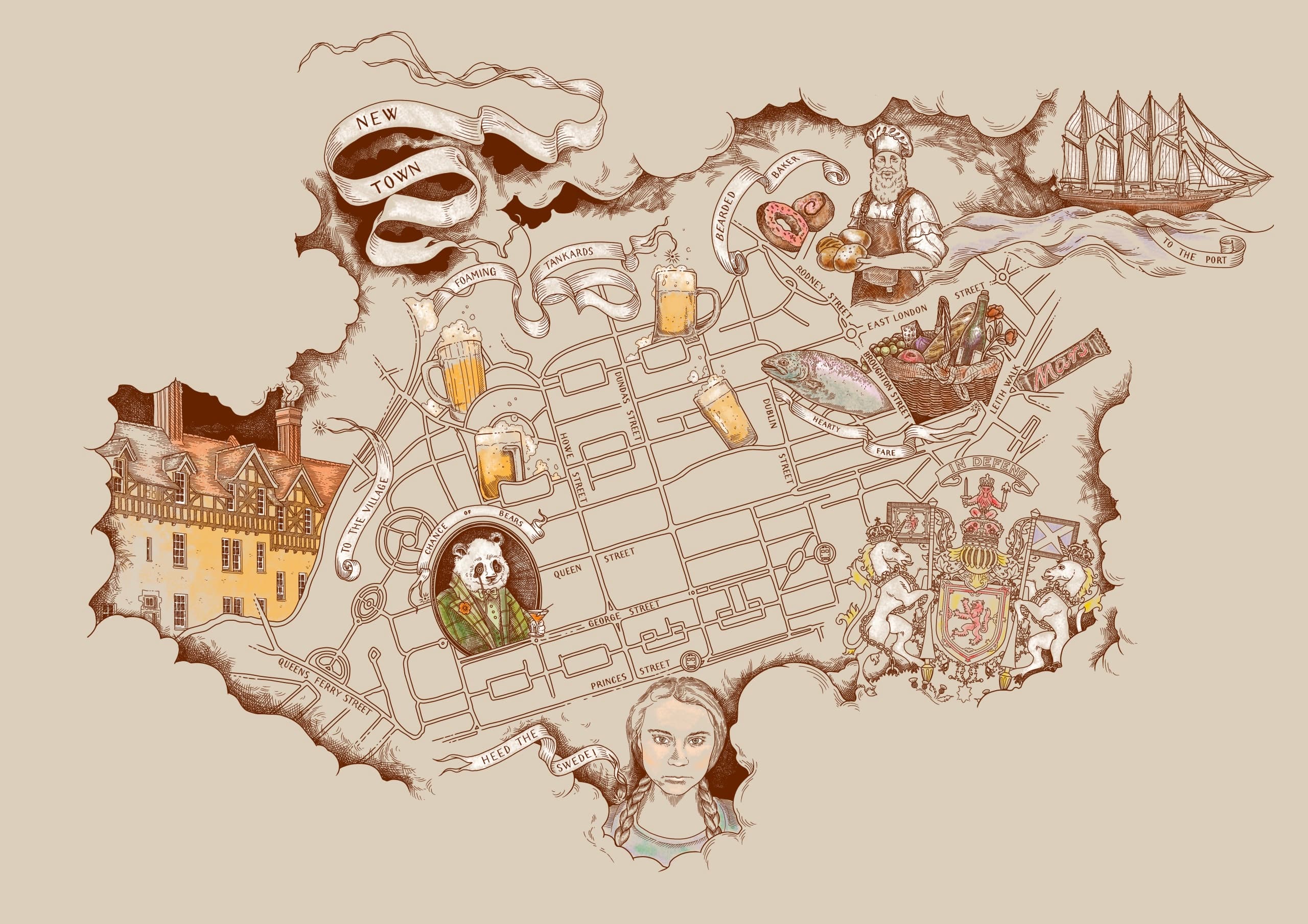 illustrated editorial map of Edimbourg New Town