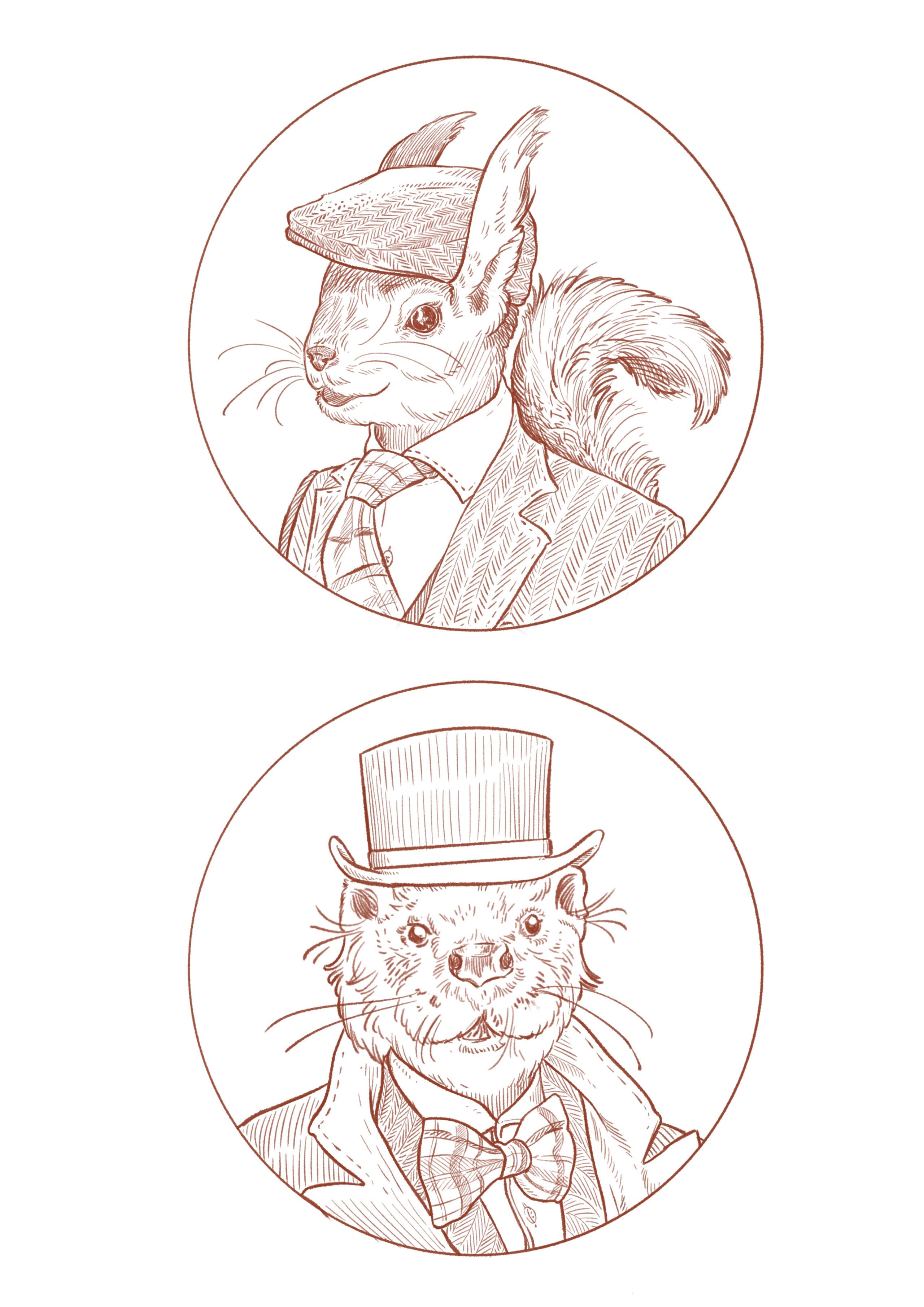 illustrated portrait of two animals dressed as Sherlock Holmes
