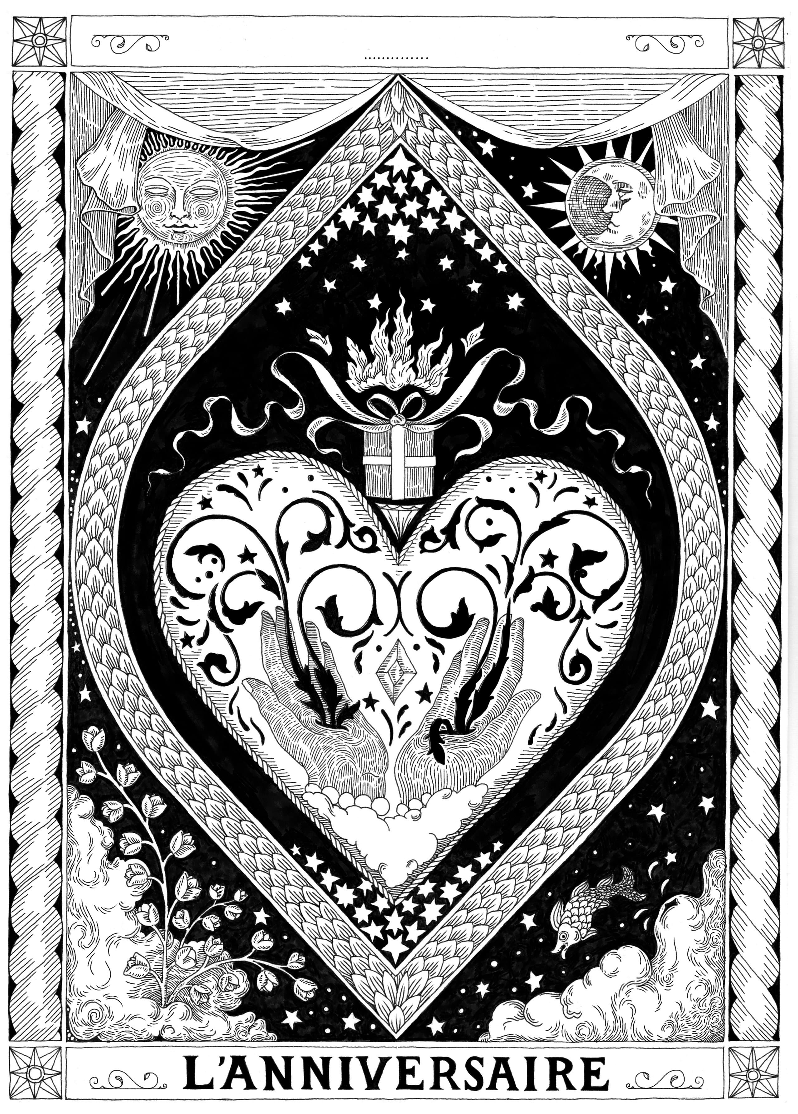 line illustration of a decorative heart, birthday card motif