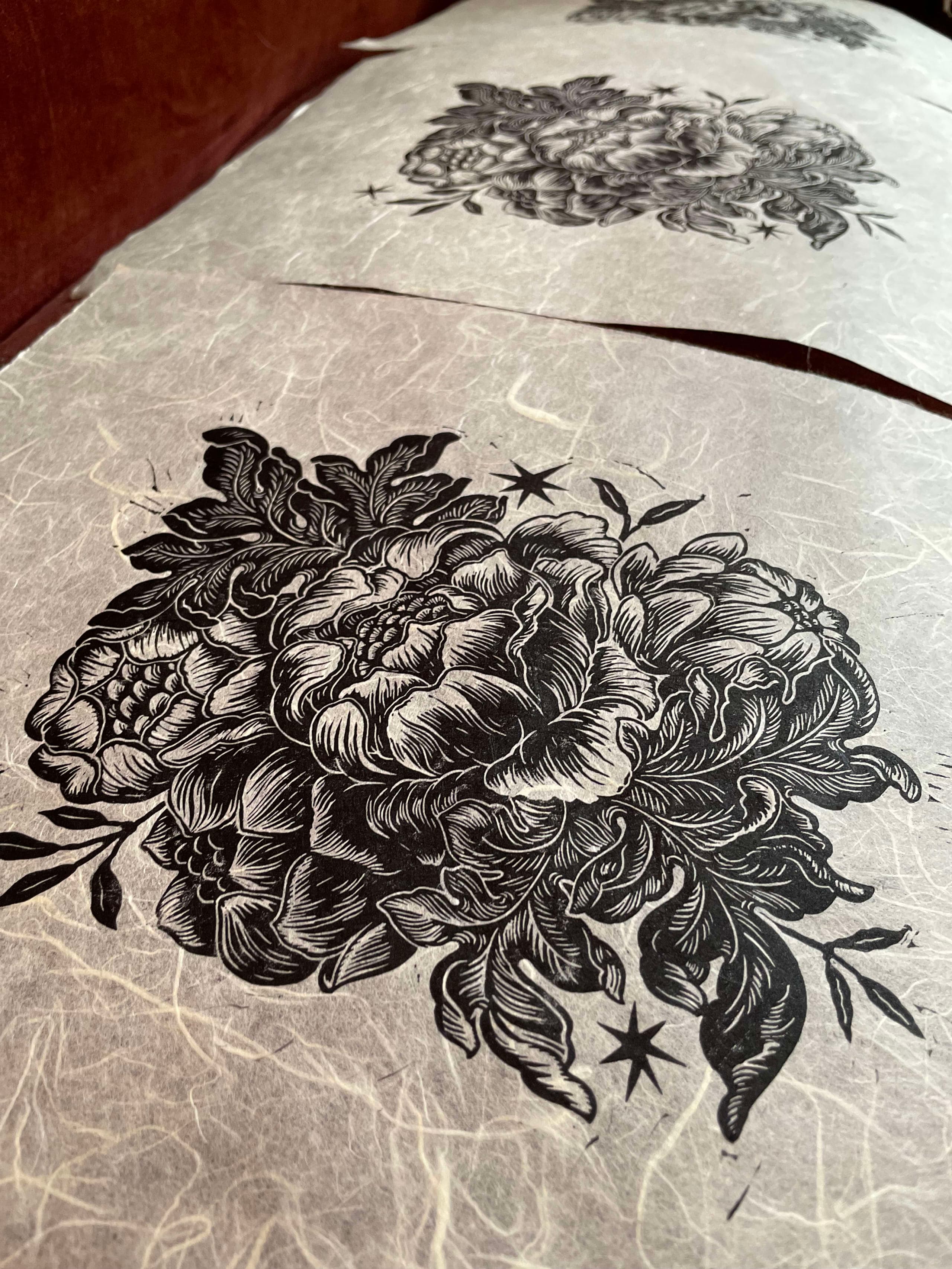 linocut print of a floral bouquet, close-up detail