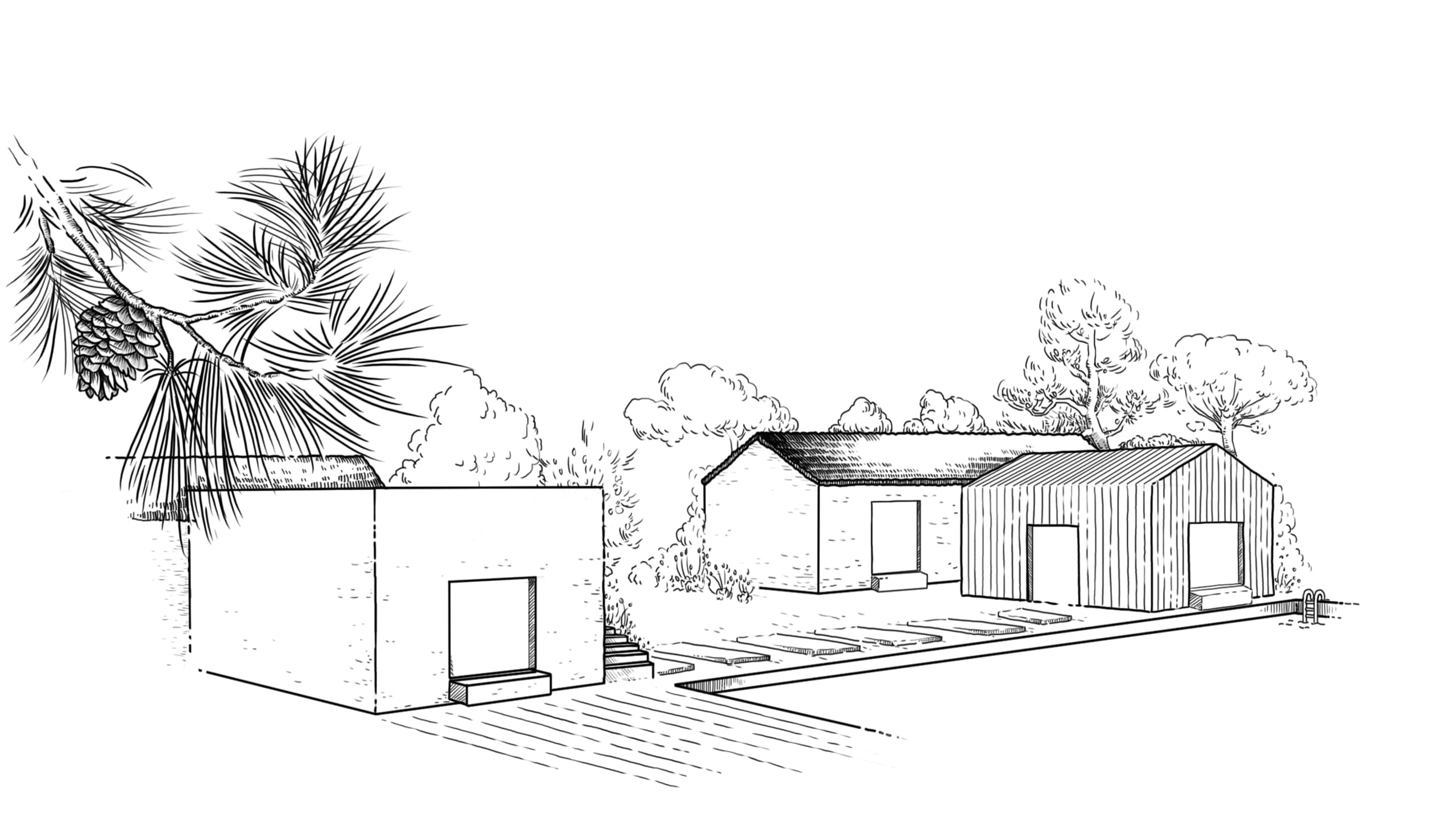 line illustration of a stone house facade