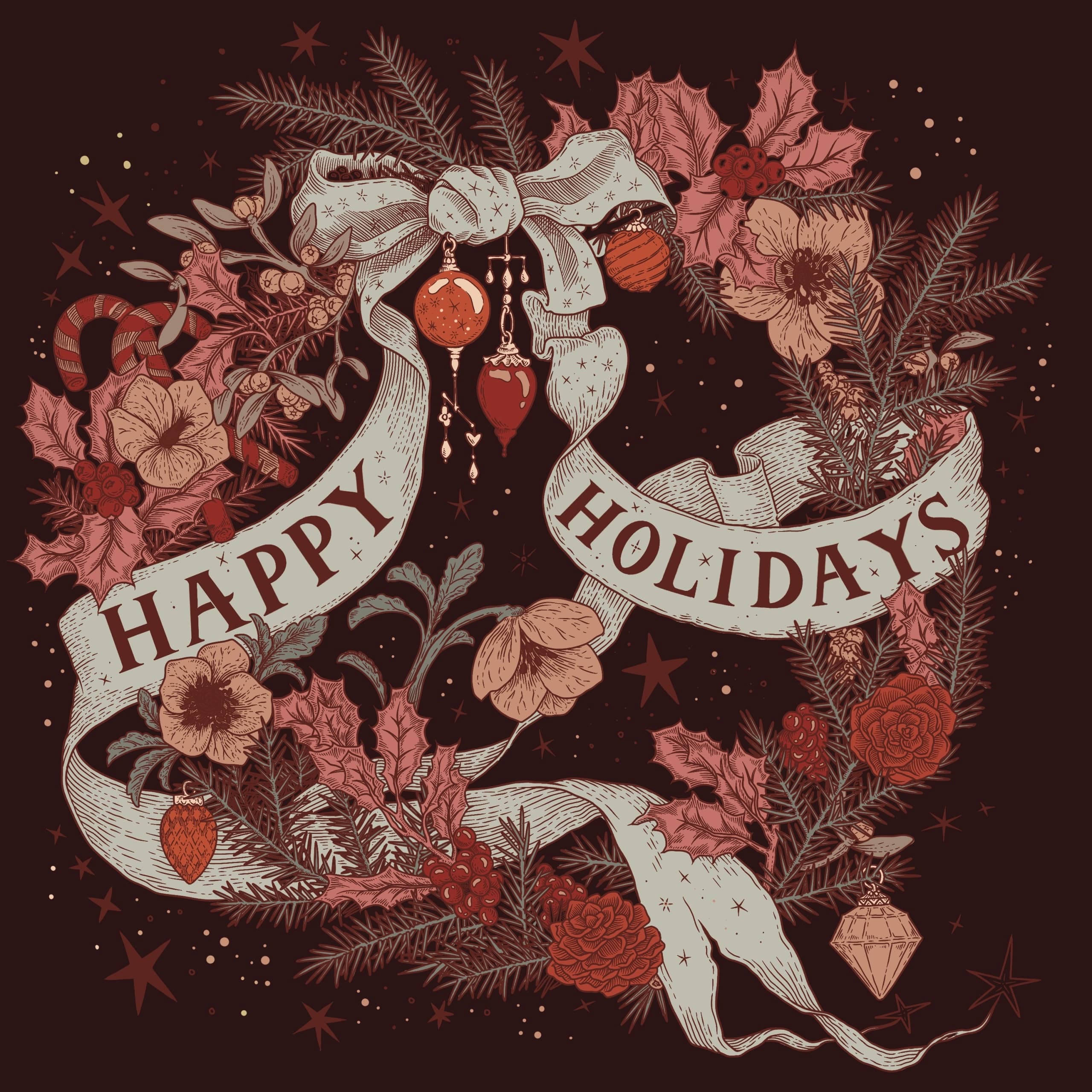 illustrated Christmas wreath with red ribbon and holly