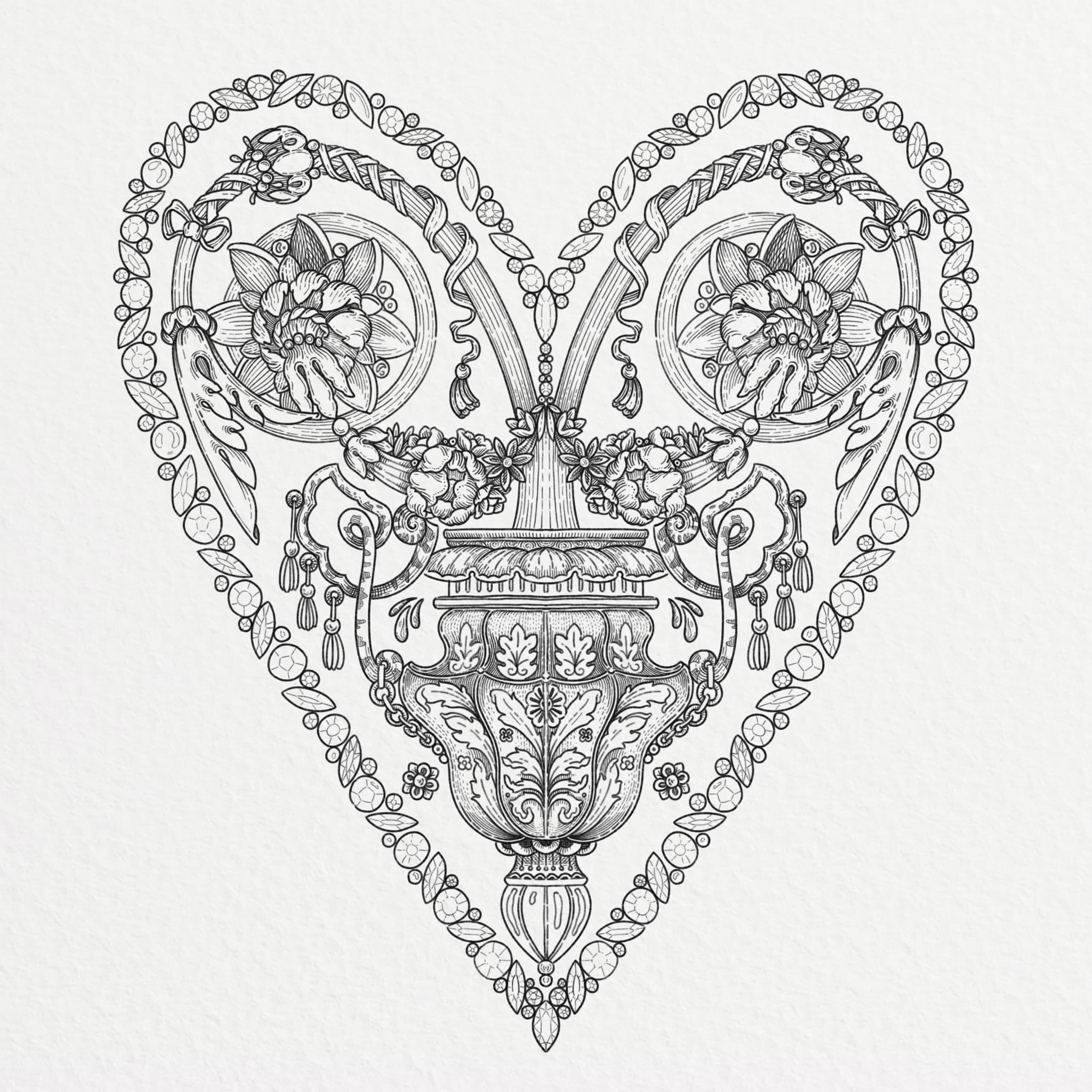 fine line illustration of a decorative heart
