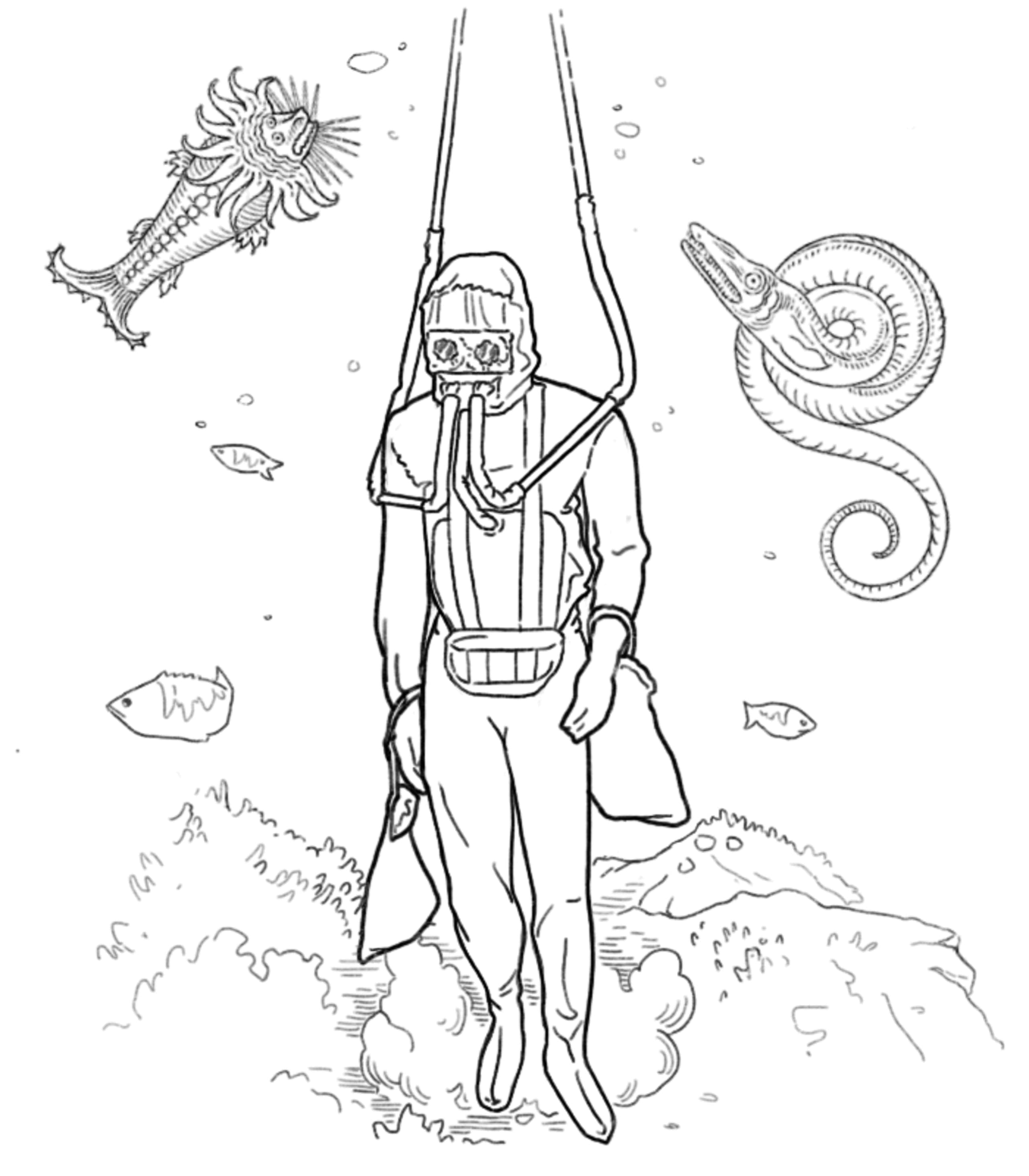 historical illustration of a figure in a deep-sea diving suit