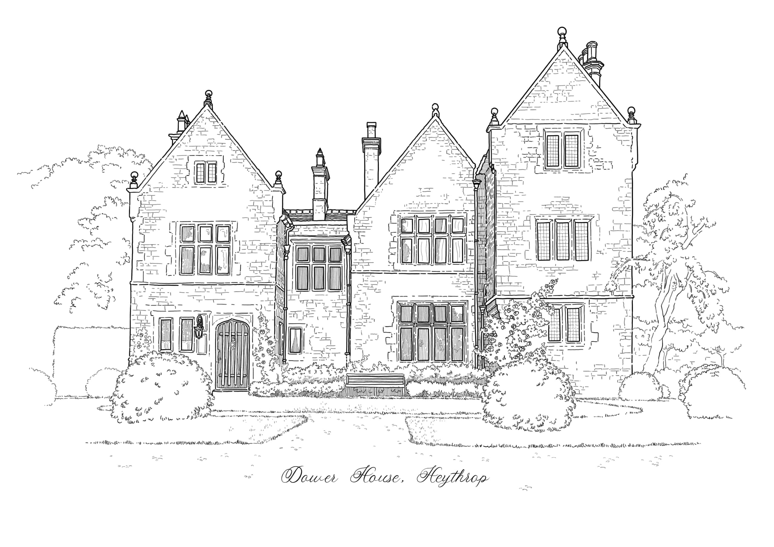 architectural illustration of a classical house with typographic detail