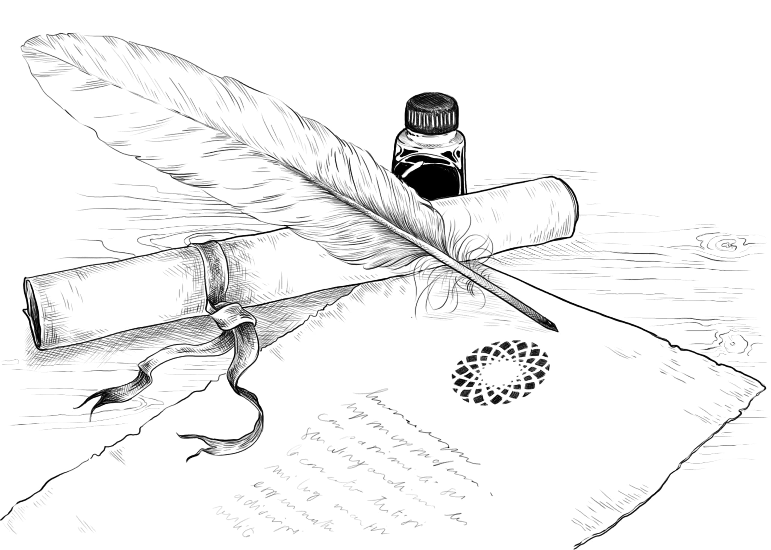 illustration of a quill pen and ink resting on paper