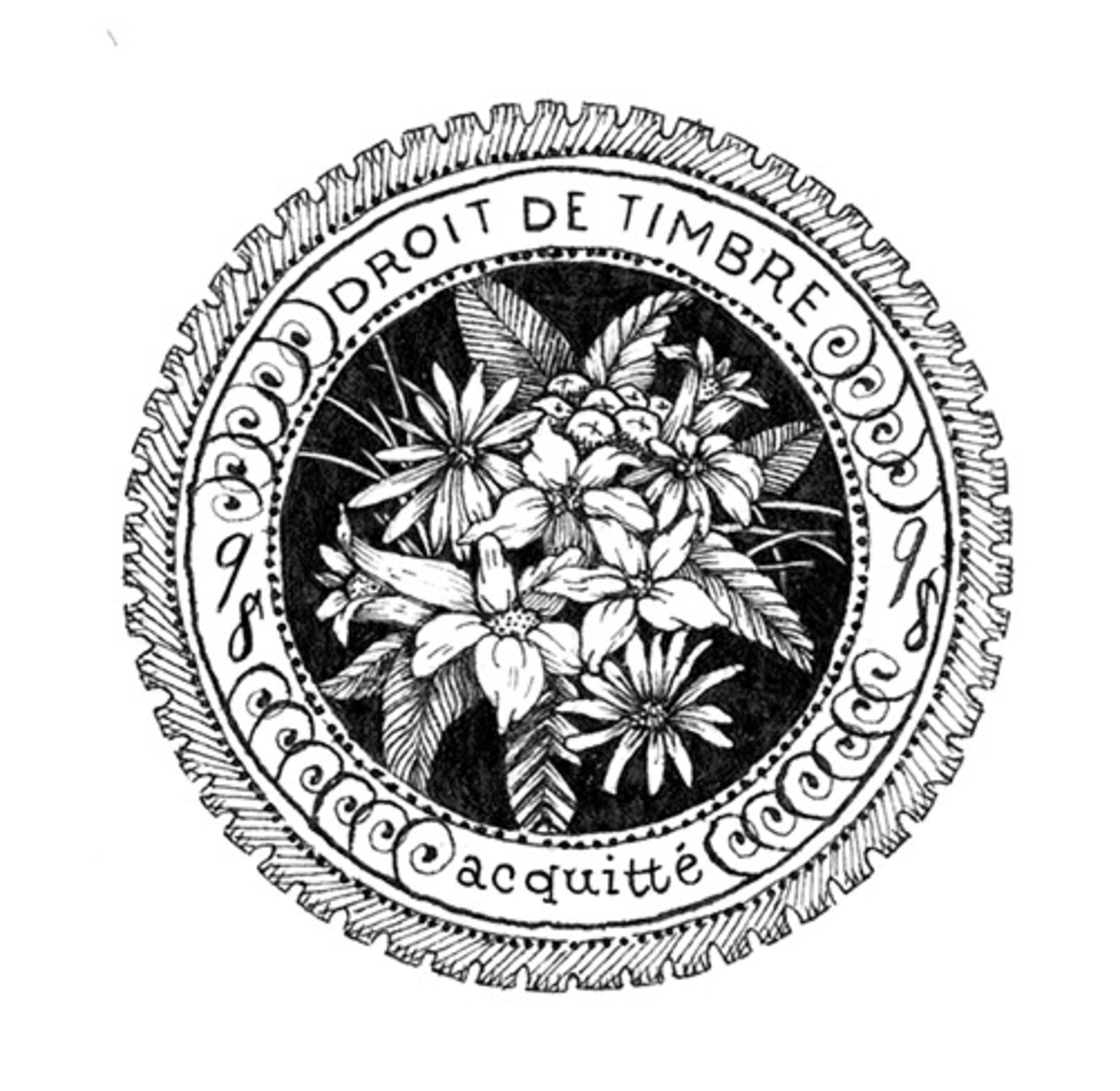 circular botanical stamp illustration with floral wreath