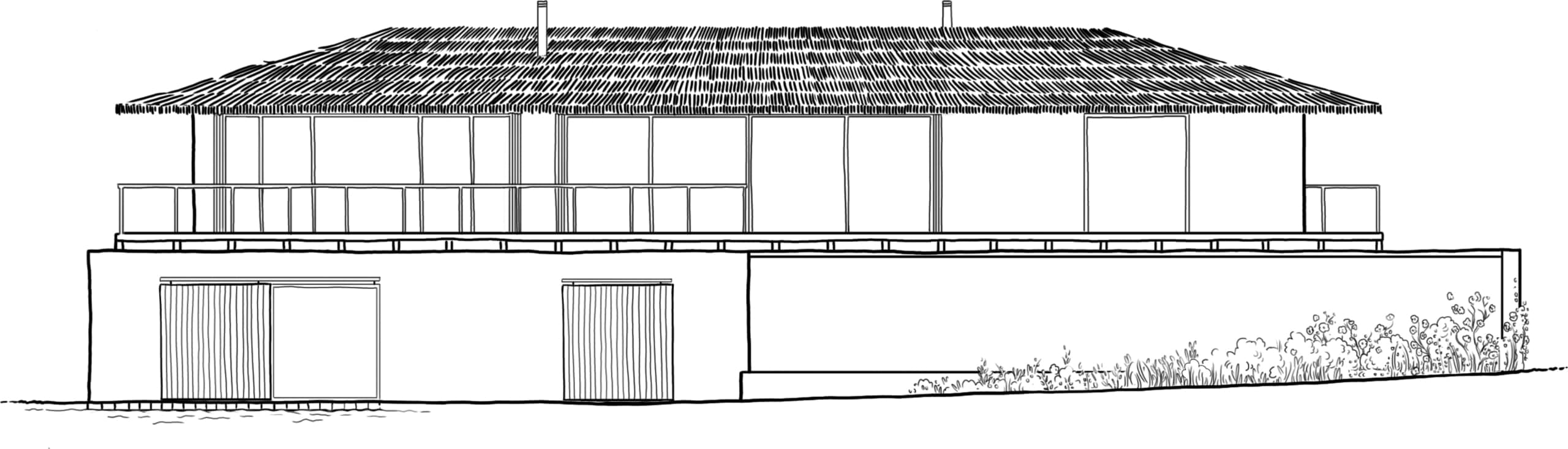 Architectural elevation drawing in black ink on white ground: wide building with heavily hatched thatched roof, glazed facade with vertical mullions, shuttered openings below, and cluster of wildflowers at right edge.