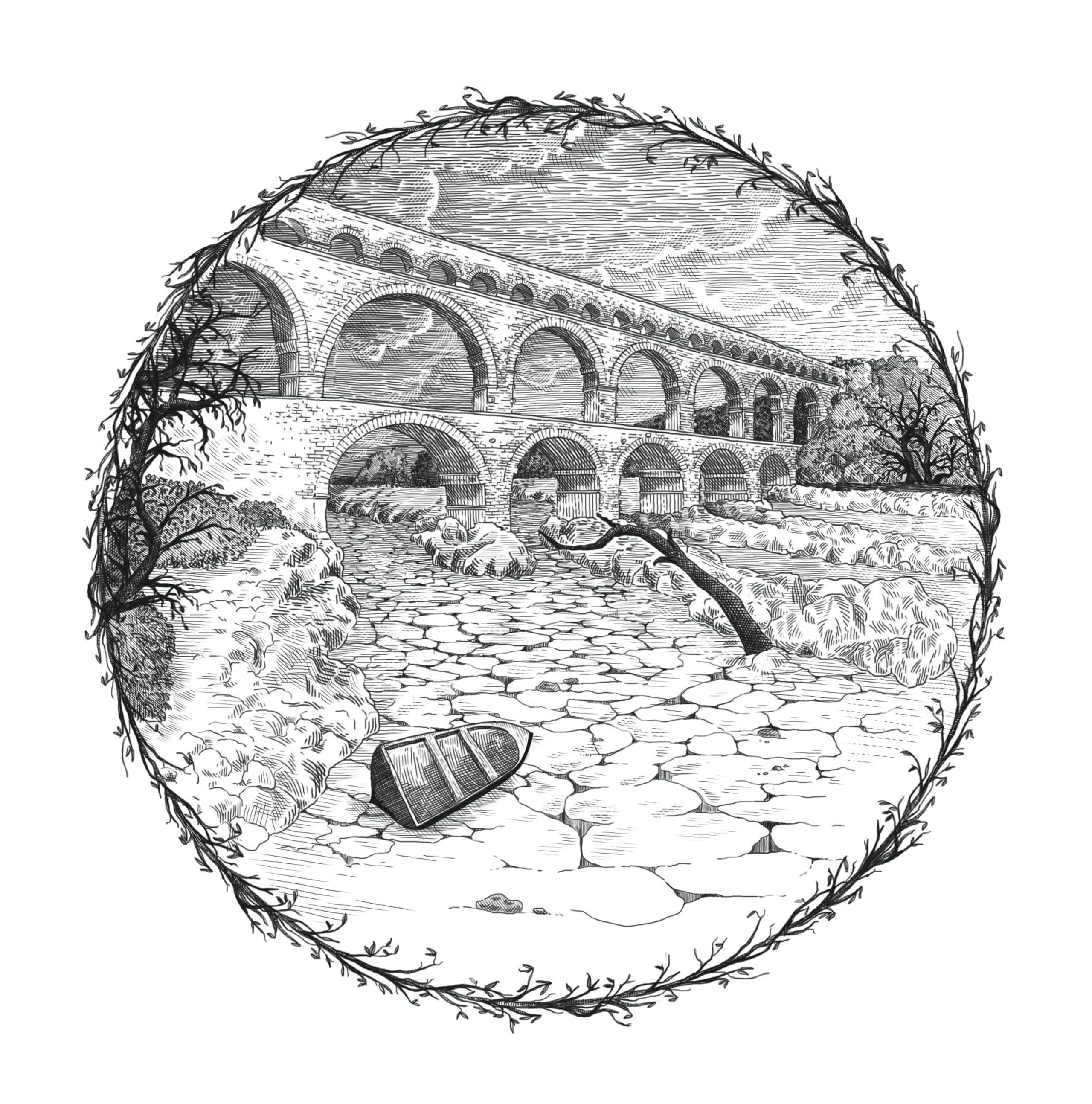 Circular black-and-white engraving of the Pont du Gard above a dry, stone-strewn riverbed with an overturned boat.