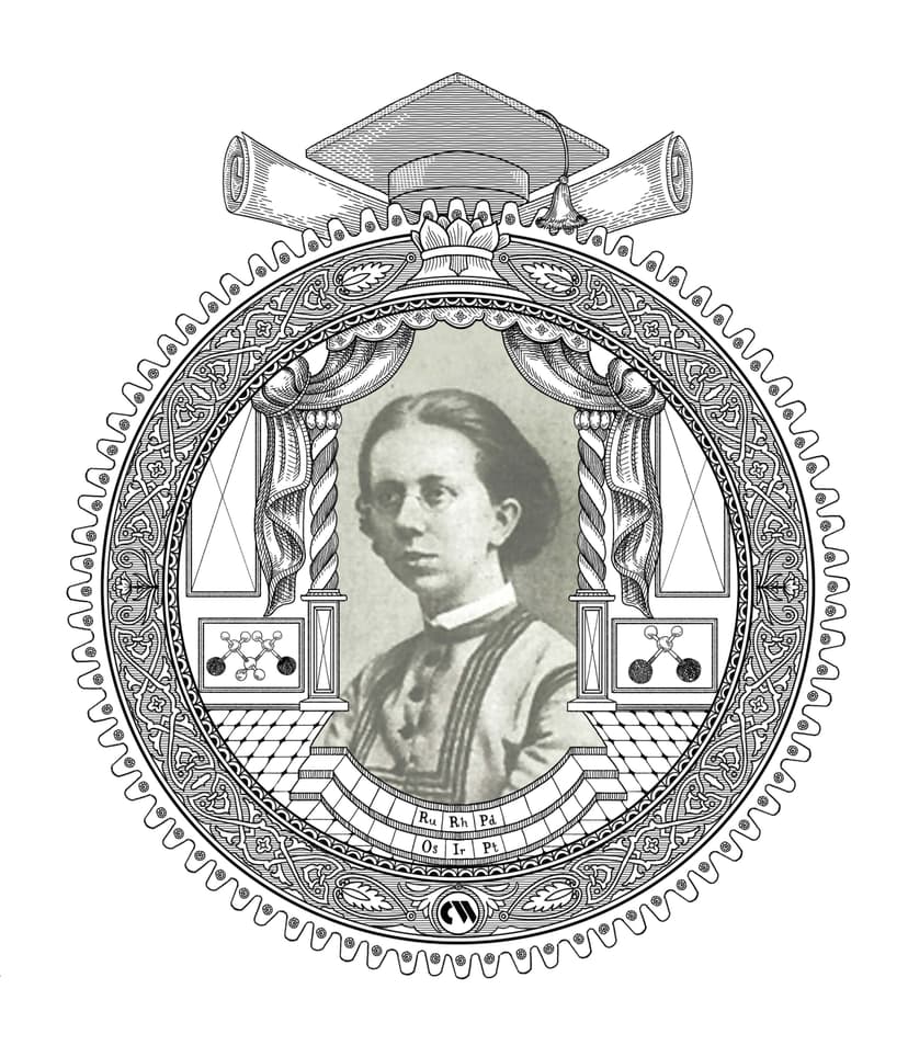 Photographic portrait of Julia Lermontova at the centre of an ornamental frame engraved in black and white; the border incorporates the symbols of the platinum-group metals she studied — Ru, Rh, Pd, Os, Ir, Pt — and molecular structures, topped by an academic cap.
