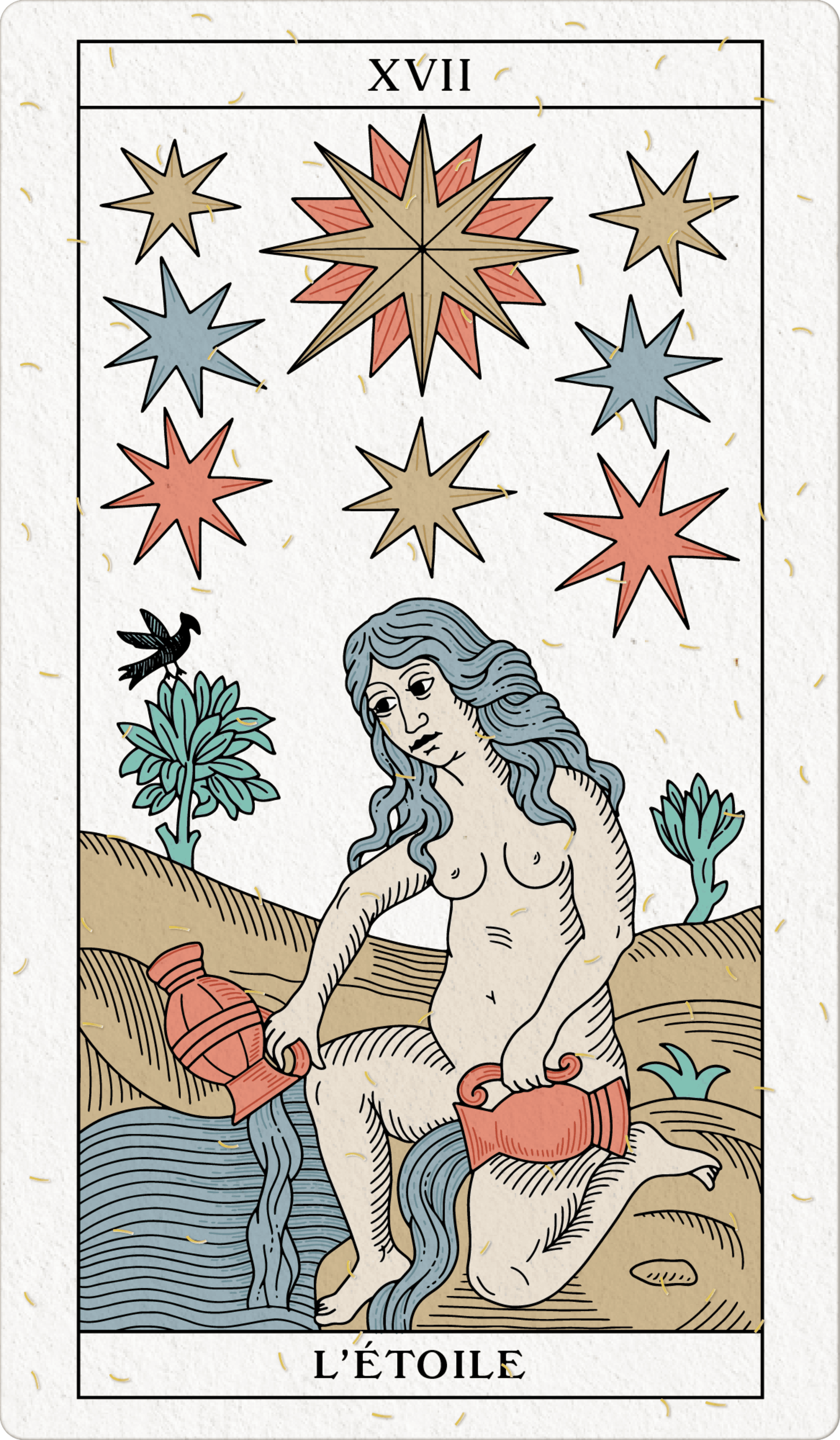 Tarot card XVII: seated nude figure pouring water from two urns, surrounded by eight stars in coral-red, slate-blue, and tan against cream ground with gold dash marks.