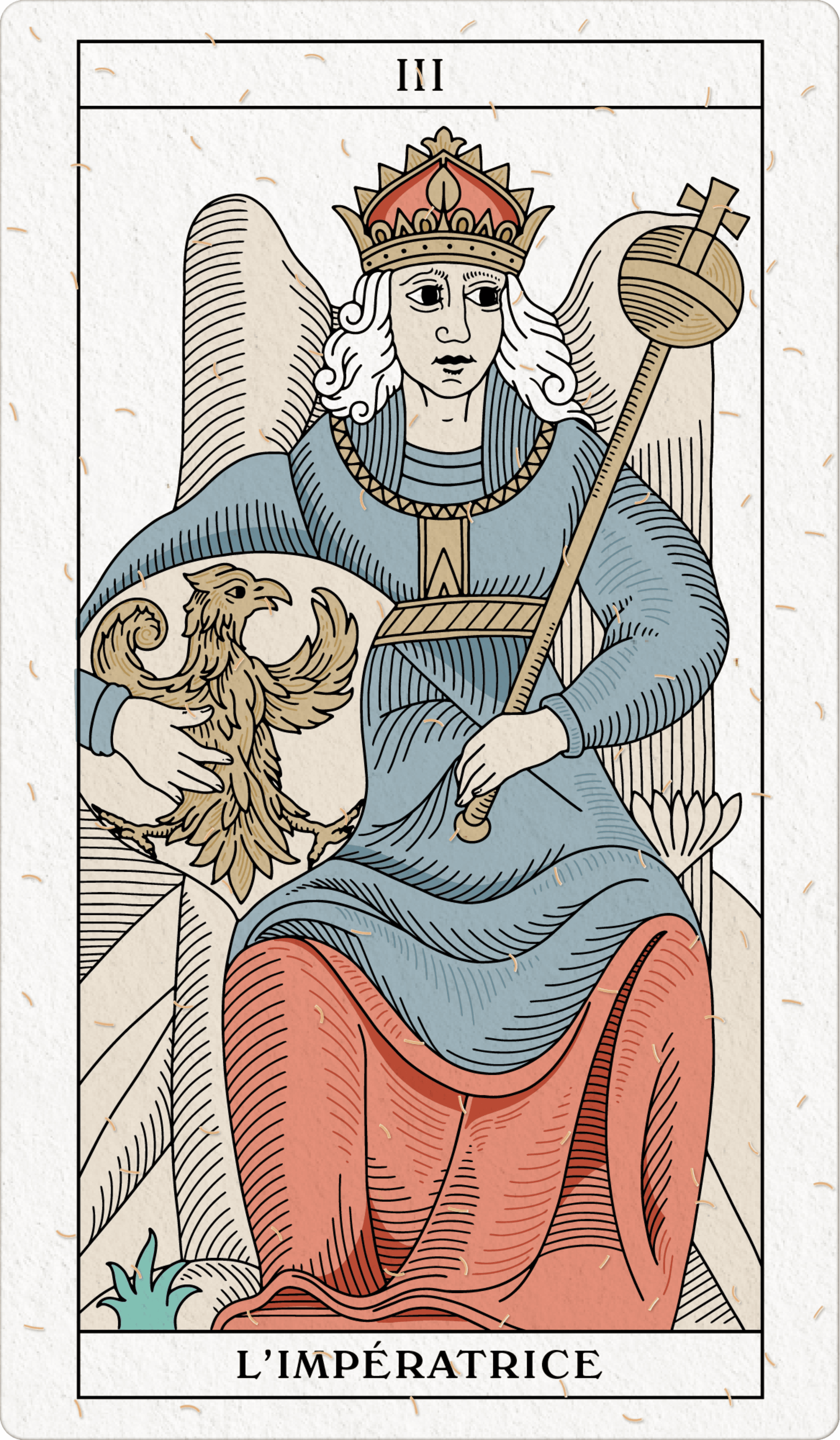 Seated crowned figure in blue and red robes holding a golden sceptre and eagle, with large symmetrical wings, on cream card with border frame.