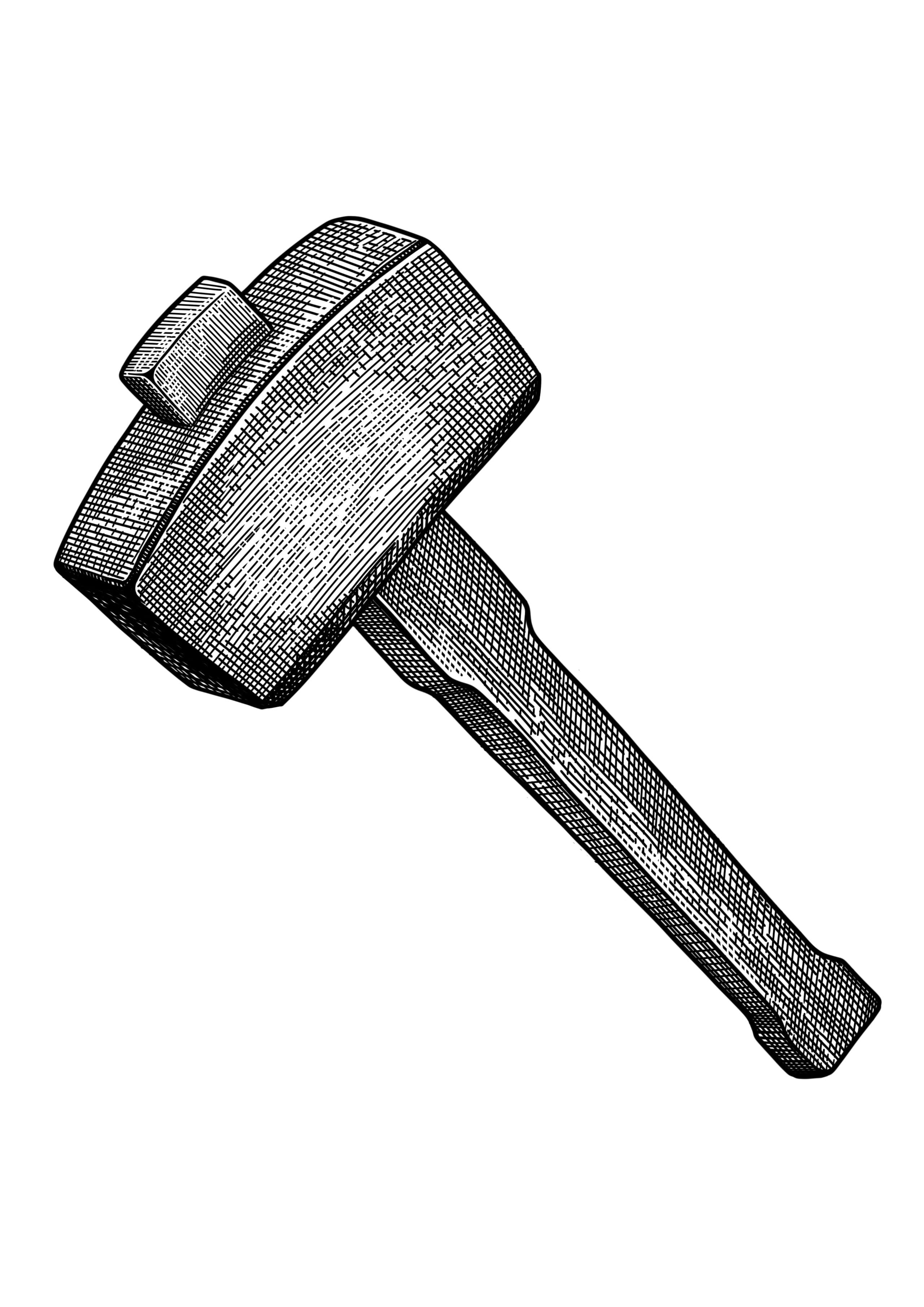 Black and white engraved wooden mallet, three-quarter view, diagonal on white ground.