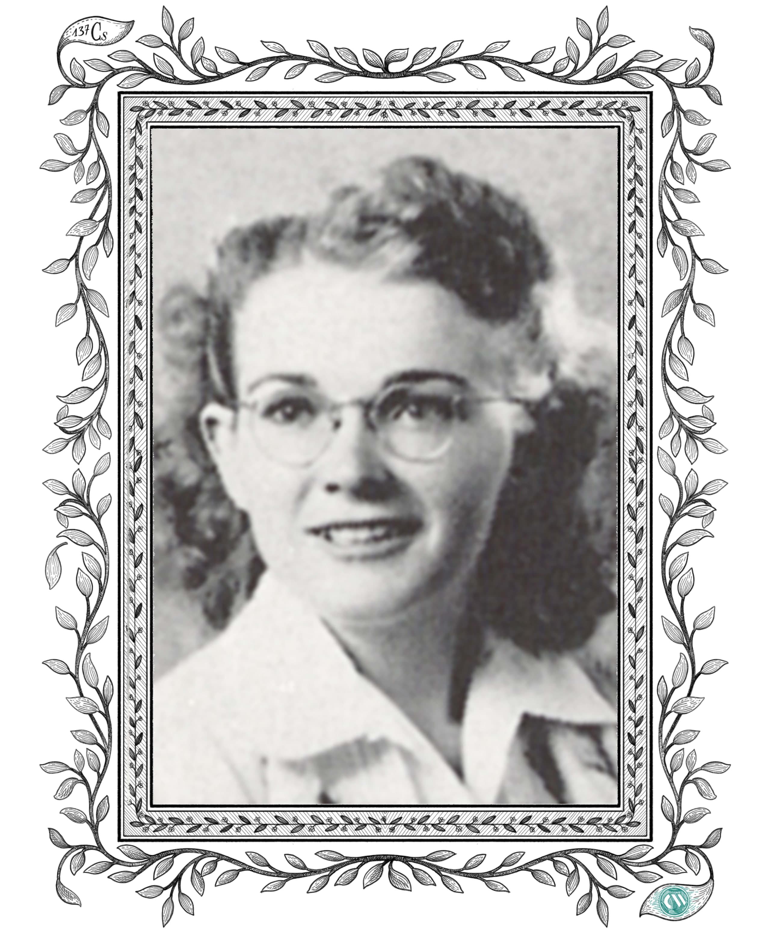 Black-and-white portrait of a woman wearing glasses, centered within a symmetrical ornamental frame of interlocking vines and leaves rendered in fine ink line.