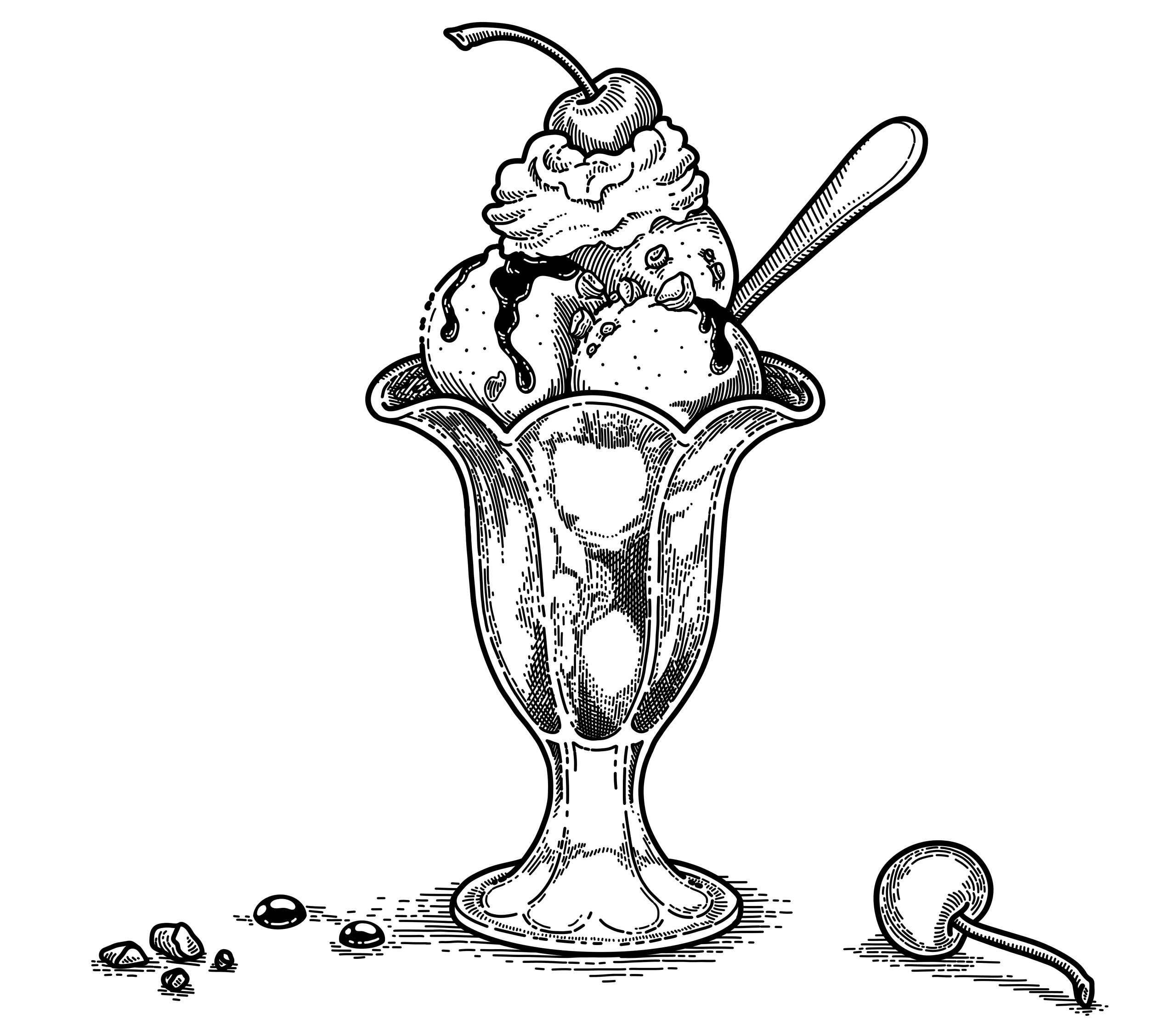 Black and white engraving of a tall ice cream sundae glass with whipped cream, cherry, and spoon.