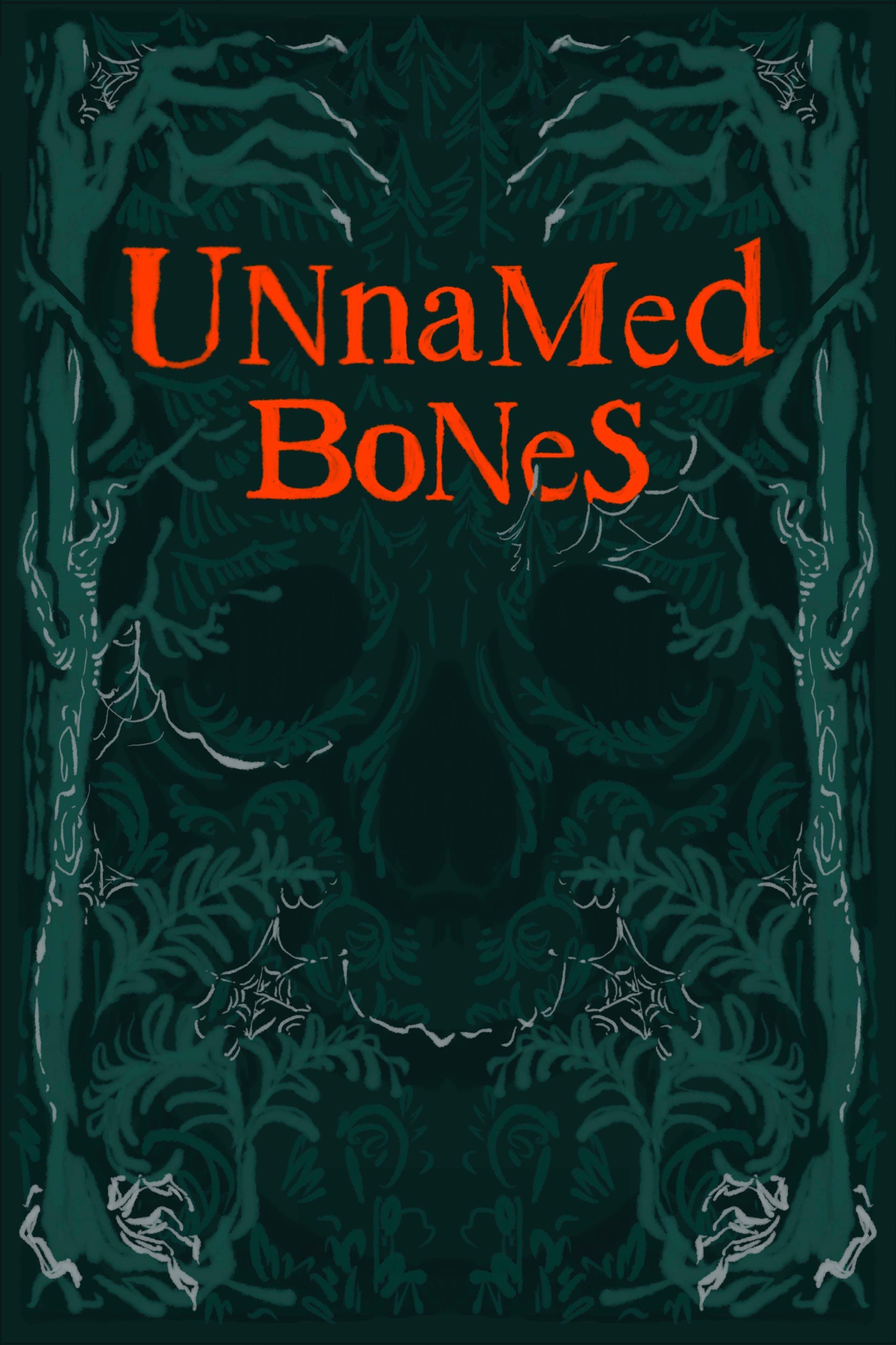 Elongated skull with clawed hands emerging from eye sockets, centered in dense blue-green forest of ferns and branches, orange title text integrated across the composition.