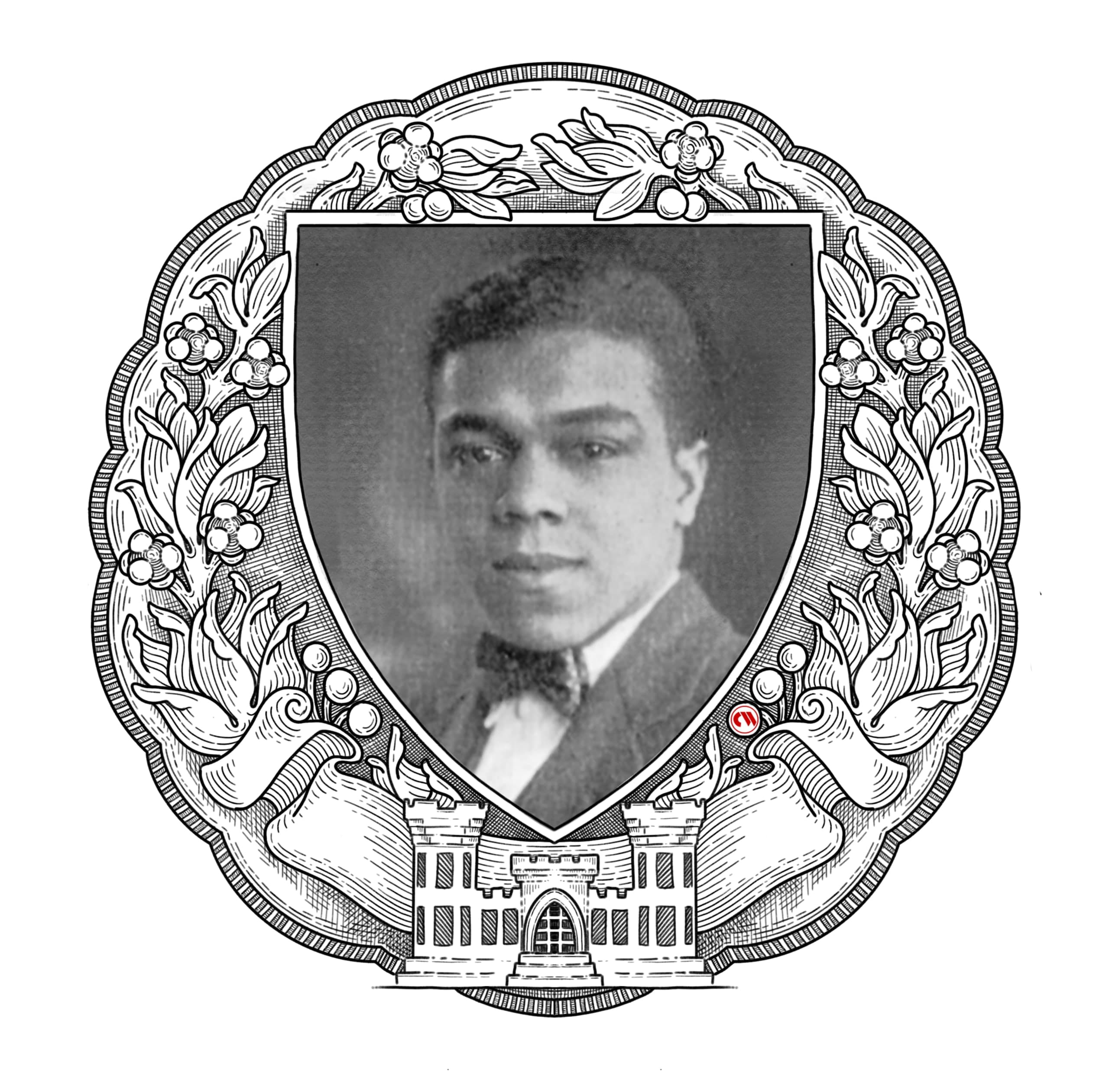 Circular engraved frame with scalloped border, dense botanical wreath of leaves and berries, central shield containing greyscale portrait photograph of a young man in formal dress, crenellated building at base.